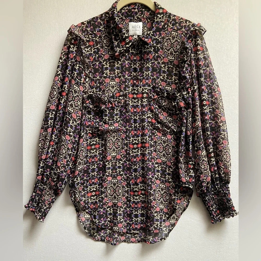 Misa Los Angeles Viscose Floral Ruffle Long Sleeve Blouse Size Small